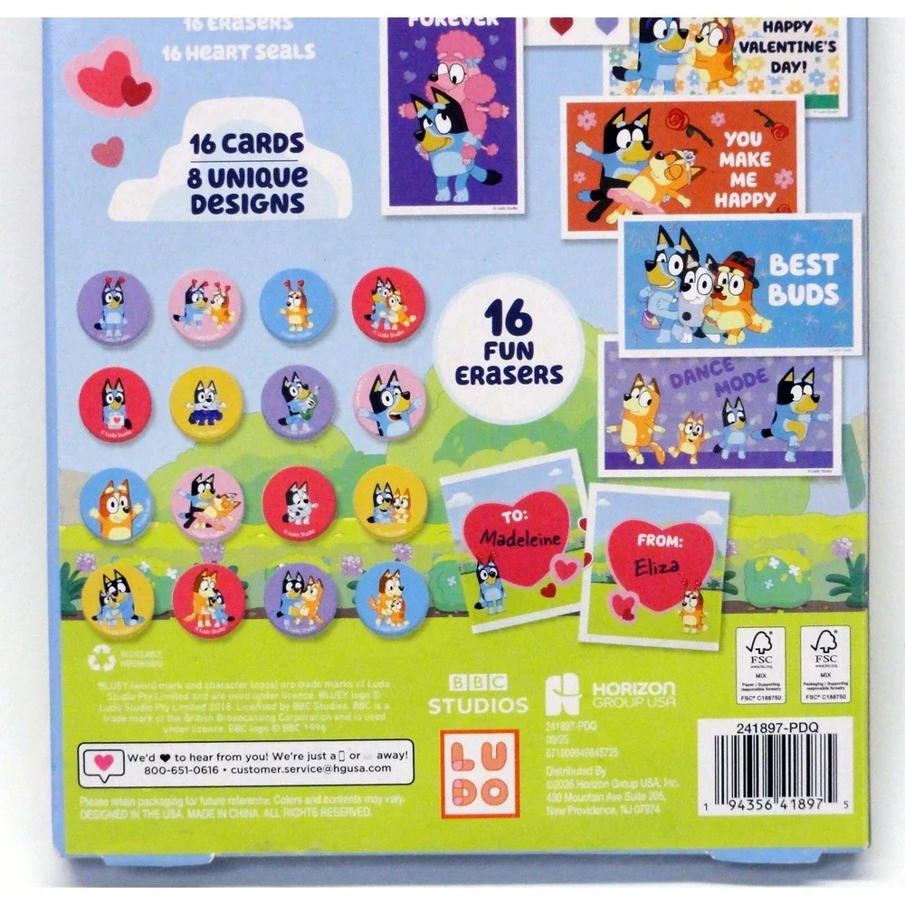 Bluey Dog and Friends 16 Valentine Day Exchange Cards And Fun Erasers Lot of 2